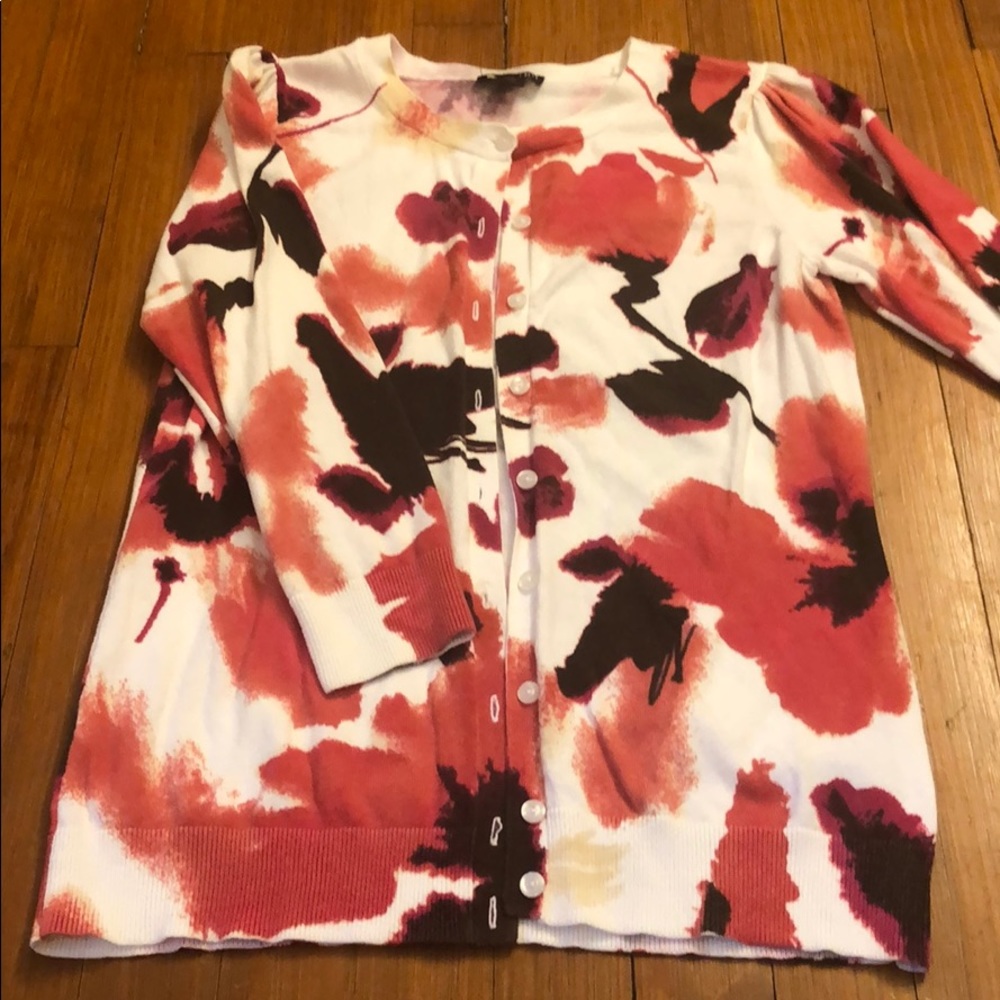 White pink and black floral knit cardigan